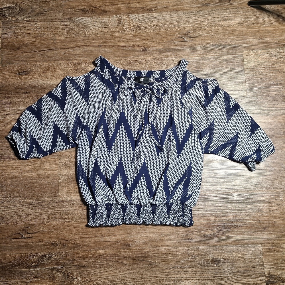 iZ Byer S Boho Smocked Blouse & Cami Set Navy Chevron Dot Print Cold Shoulder